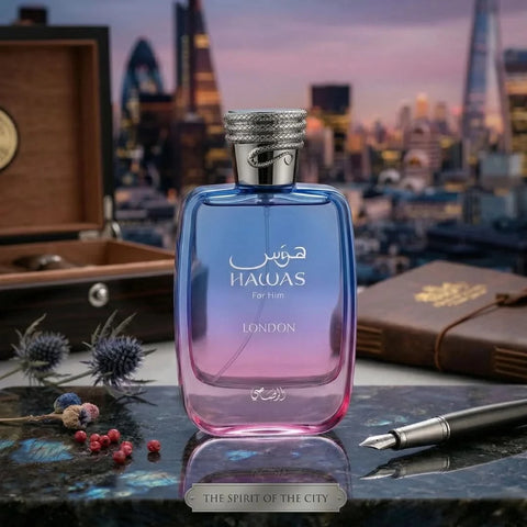Rasasii Hawas London Eau De Parfum spray bottle, 100ml, with elegant packaging and branding visible.