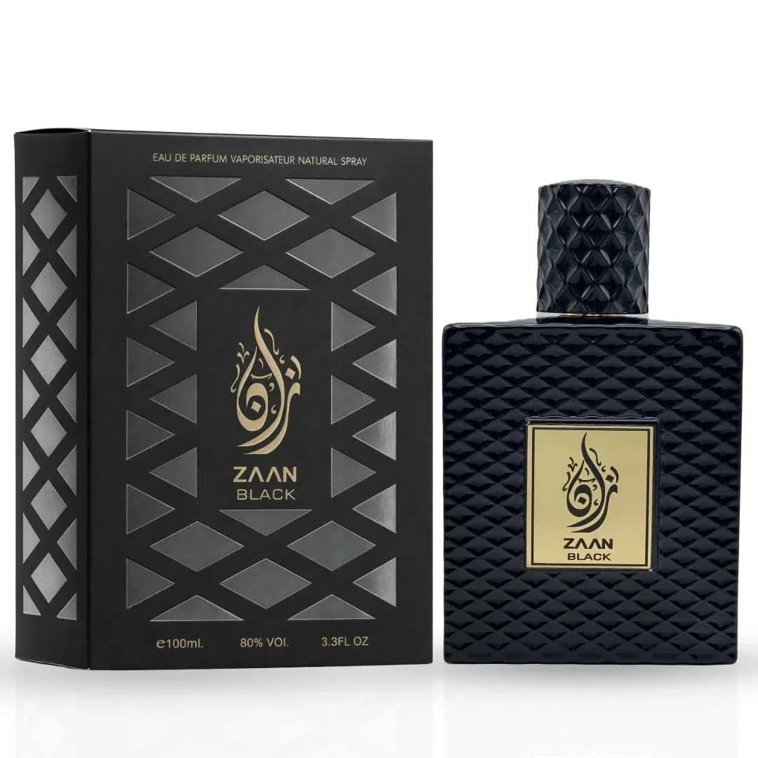 Aura Fragrances Zaan Black Eau De Parfum spray in 100ml bottle, showcasing sleek black packaging and elegant design.