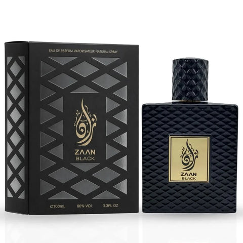 Aura Fragrances Zaan Black Eau De Parfum spray in 100ml bottle, showcasing sleek black packaging and elegant design.