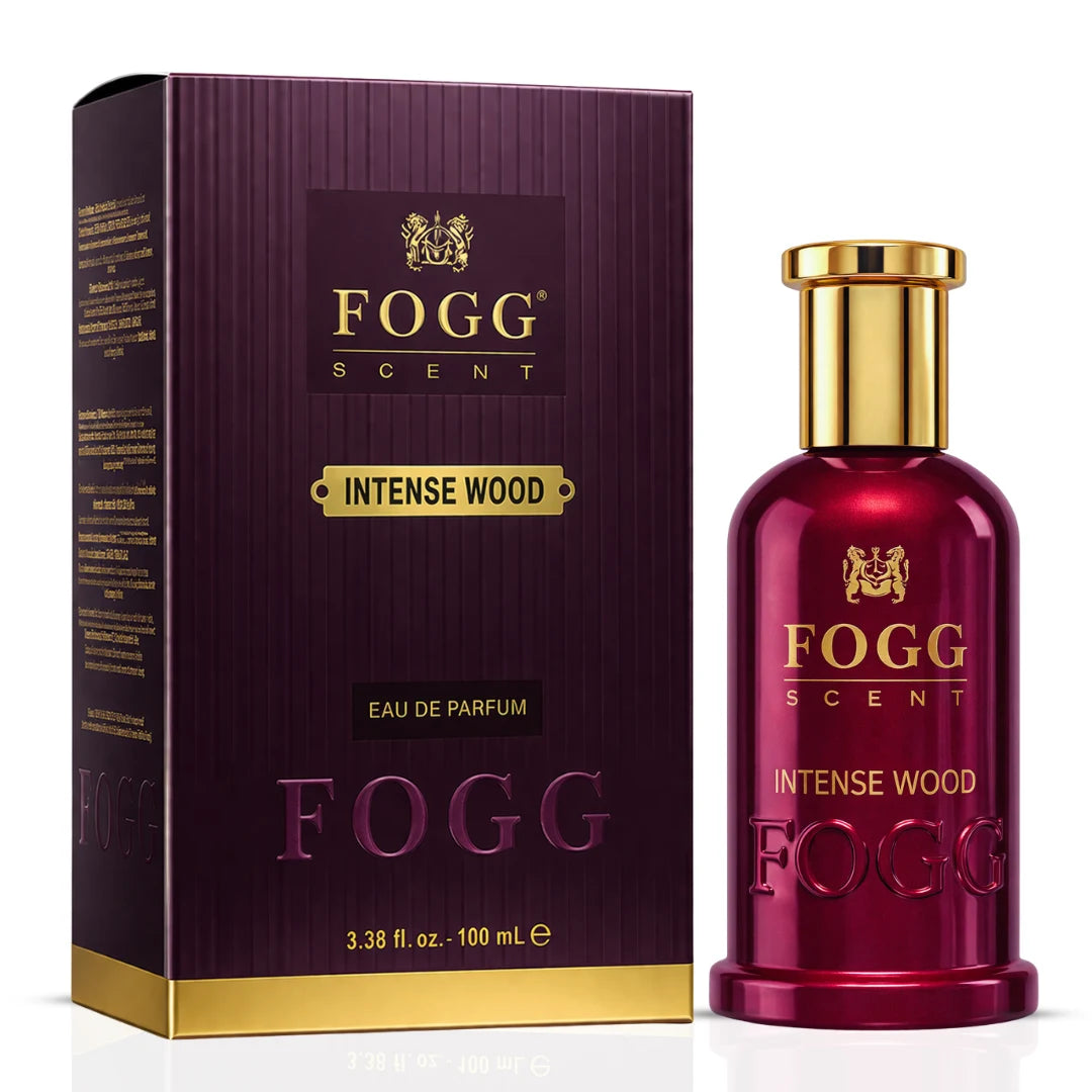 Fogg Intense Oriental Eau de Parfum spray for men featuring aromatic oud, wood, and amber scent in a 100ml bottle.