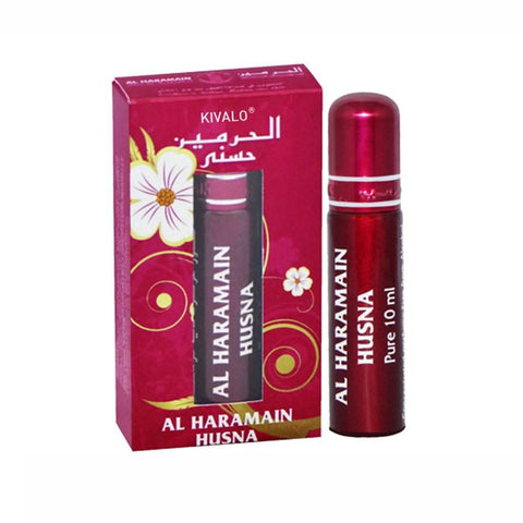 Al Haramain Husna perfume oil in a 10ml glass bottle, concentrated perfume oil by Al Haramain, with elegant packaging.