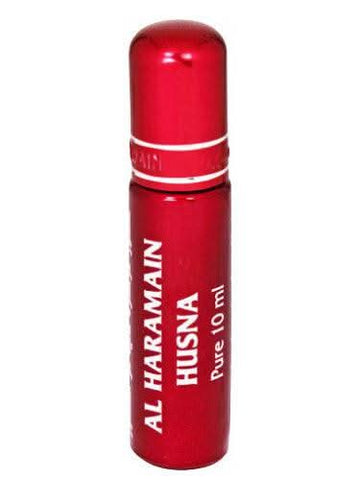 Al Haramain Husna perfume oil in a 10ml bottle, rich concentrated perfume oil with elegant packaging and branding.