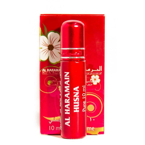 Al Haramain Husna concentrated perfume oil bottle, 10ml, with elegant packaging and clear display of the fragrance.