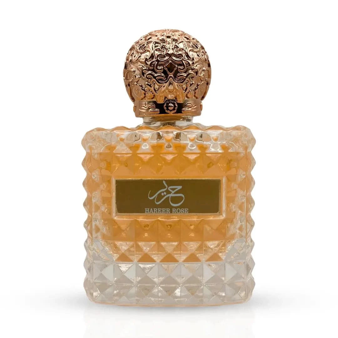 Hareer Rose Eau De Parfum spray by Aura Fragrances, 100ml, with elegant floral bottle and rose scent details.