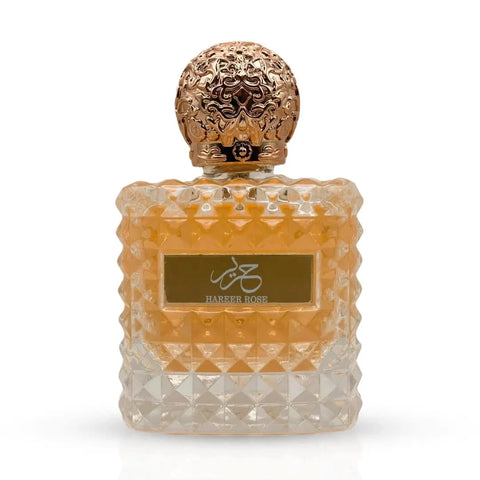 Hareer Rose Eau De Parfum spray by Aura Fragrances, 100ml, with elegant floral bottle and rose scent details.