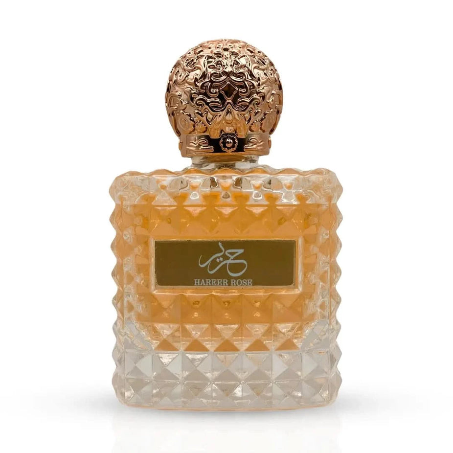 Aura by Aura Hareer Rose Eau De Parfum spray bottle, 100ml, featuring a sleek design and floral rose scent.
