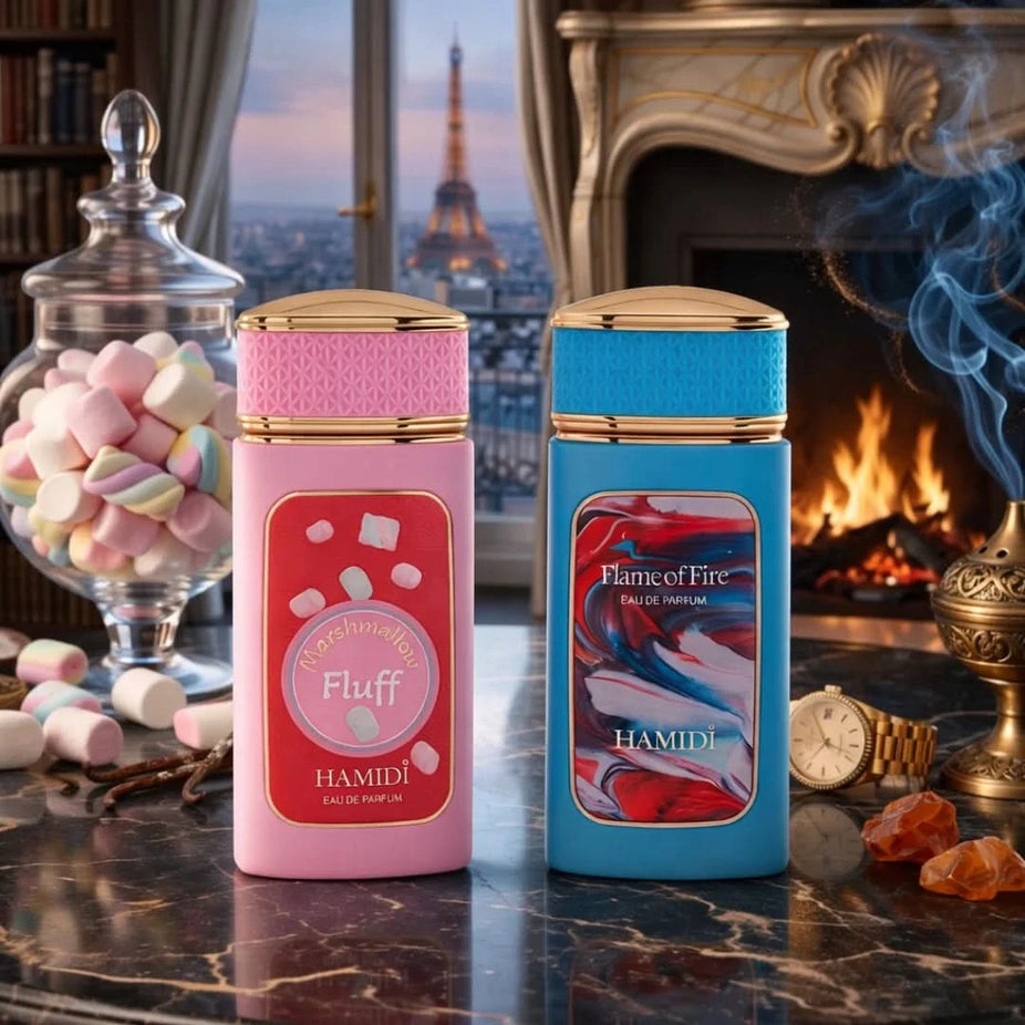 Hamidi Flame of Fire & Marshmallow Fluff Eau De Parfum spray bundle, 100ml, featuring floral and sweet fragrance notes.