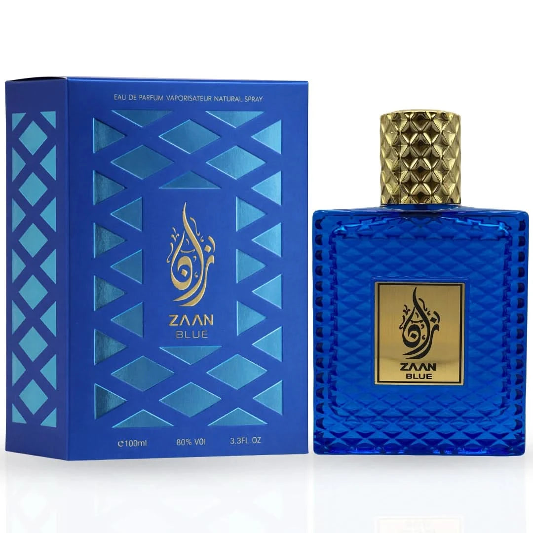 Aura Fragrances Zaan Blue Eau De Parfum spray 100ml bottle, elegant design with blue accents, showcasing the perfume container.