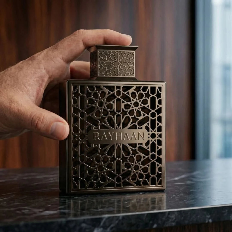 Rayhaan Obsidian Eau de Parfum spray 100ml bottle with sleek black design and elegant branding.