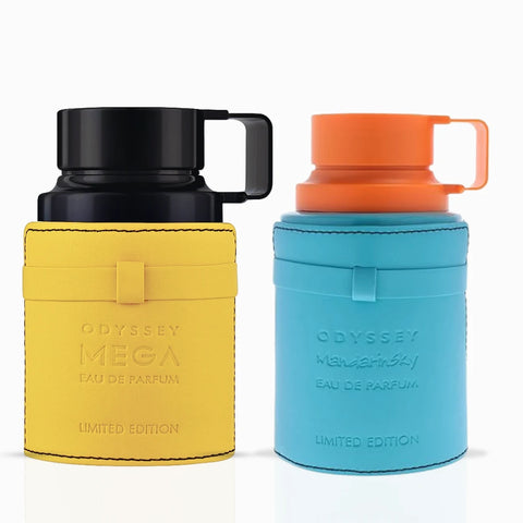Odyssey Mega Man and Mandarin Sky Eau de Parfum sprays by Armaf in 200ml bundle, showcasing sleek bottle designs.