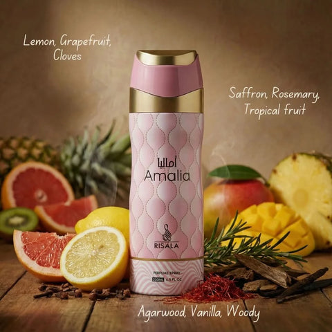 RISALA Amalia Eau De Parfum spray and perfumed body spray bundle, 100ml and 200ml bottles, elegant floral fragrance.
