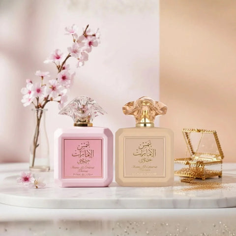 Bundle of Ard Al Zaafaran Shams Al Emarat Khususi pink blush and glaze & glow Eau de Parfum sprays, 100ml bottles.