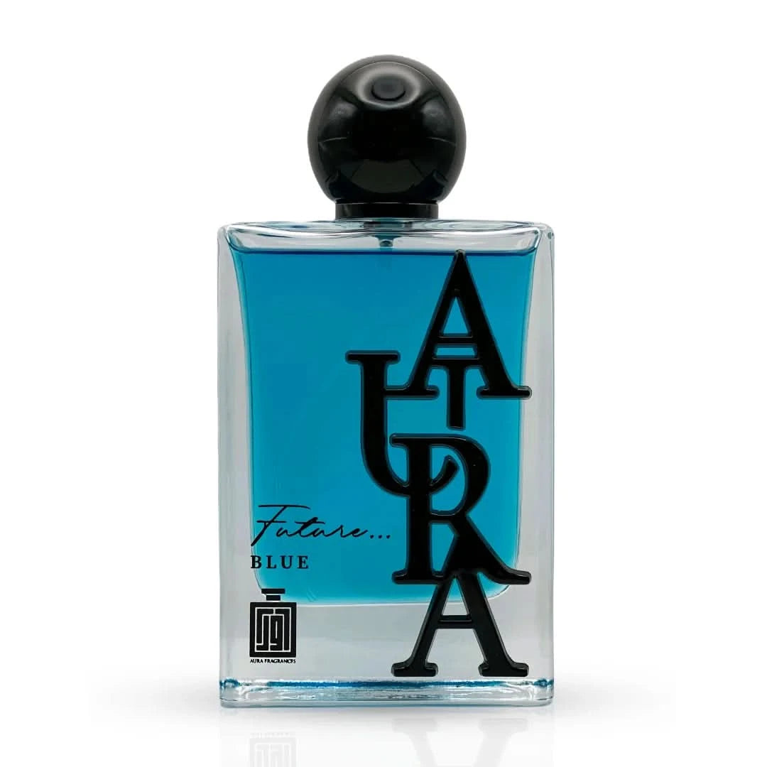 Aura Fragrances Future Blue Eau De Parfum Spray 100ml bottle with sleek blue packaging and elegant design.