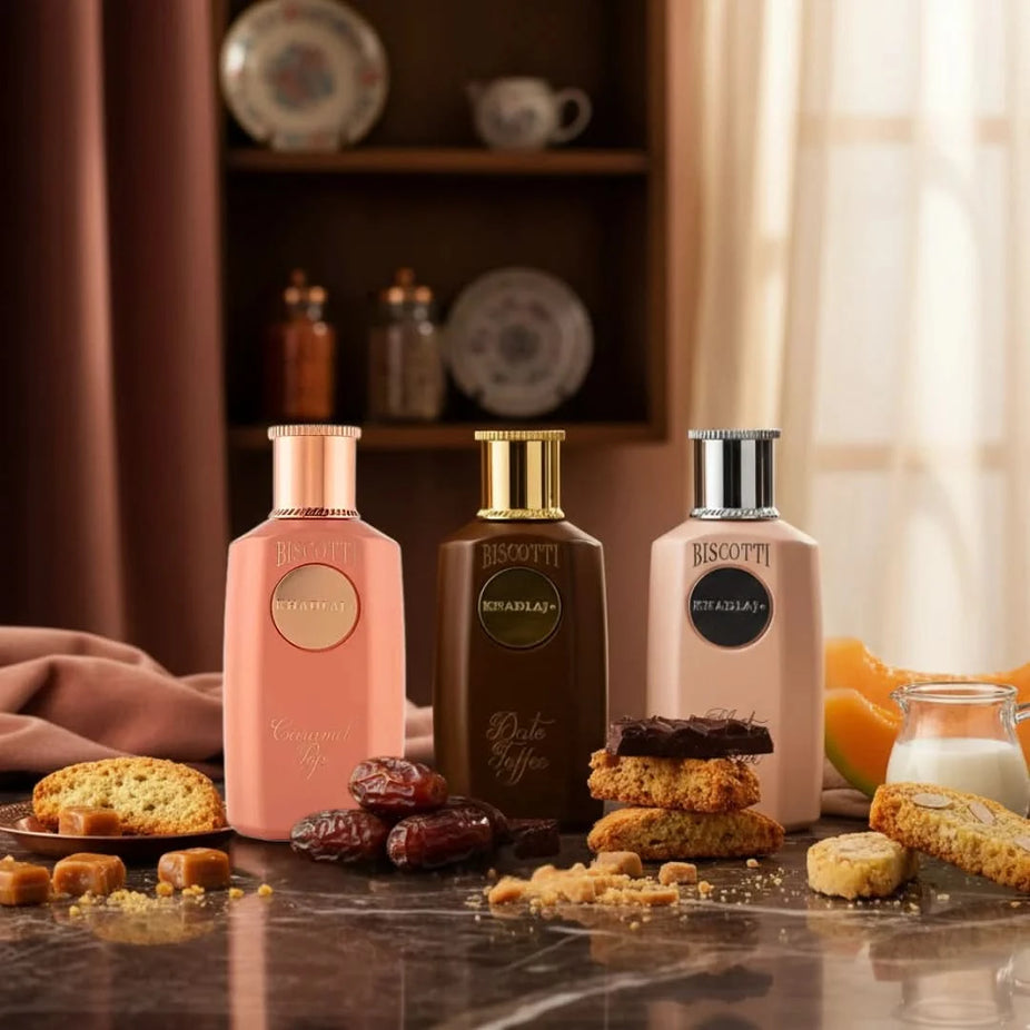 Khadlaj Biscotti Melon Misk, Date Toffee & Caramel Pop Eau de Parfum bundle in 100ml bottles, featuring decorative packaging.