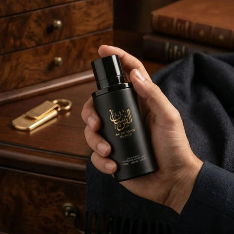 Aura Fragrances Al Fursan Black Eau De Parfum spray bottle, 100ml, with sleek black packaging and elegant design.
