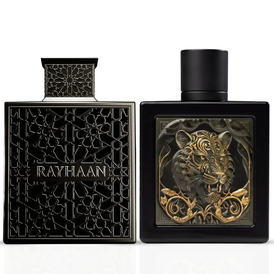 Rayhaan Obsidian and Rayhaan Tiger Eau de Parfum Spray bundle, 100ml bottles, featuring sleek packaging and vibrant design.