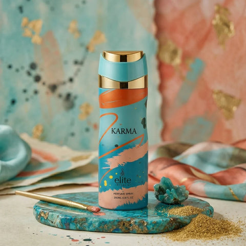 Elite Risala Karma Body Spray 200ml deodorant bottle, sleek design, and label visible for fresh scent.