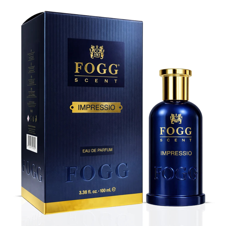 Fogg Impressio & Intensio for Men Eau de Parfum bundle, 100ml spray bottles, showcasing the sleek perfume packaging and labels.