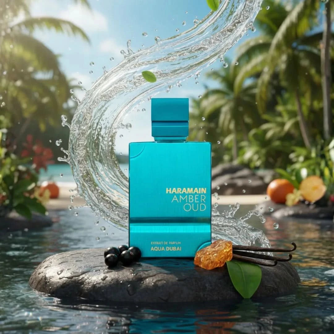 Amber Oud Aqua Dubai Eau De Parfum spray by Al Haramain, 100ml, with a velvet pouch, showcasing the elegant perfume bottle.