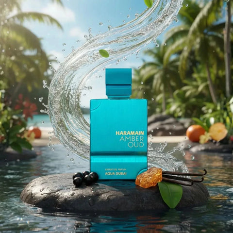 Amber Oud Aqua Dubai Eau De Parfum spray by Al Haramain, 100ml, with a velvet pouch, showcasing the elegant perfume bottle.