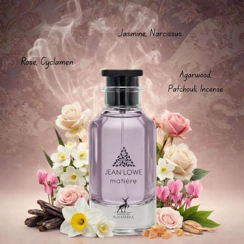 Maison Alhambra Jean Lowe Eau de Parfum spray 100ml in a velvet pouch, featuring elegant bottle design and fragrance details.