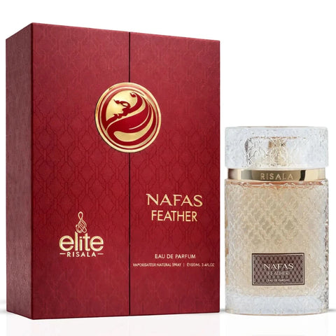 Nafas Feather Eau De Parfum spray by Elite Risala, 100ml bottle with elegant design and feather motif on the packaging.