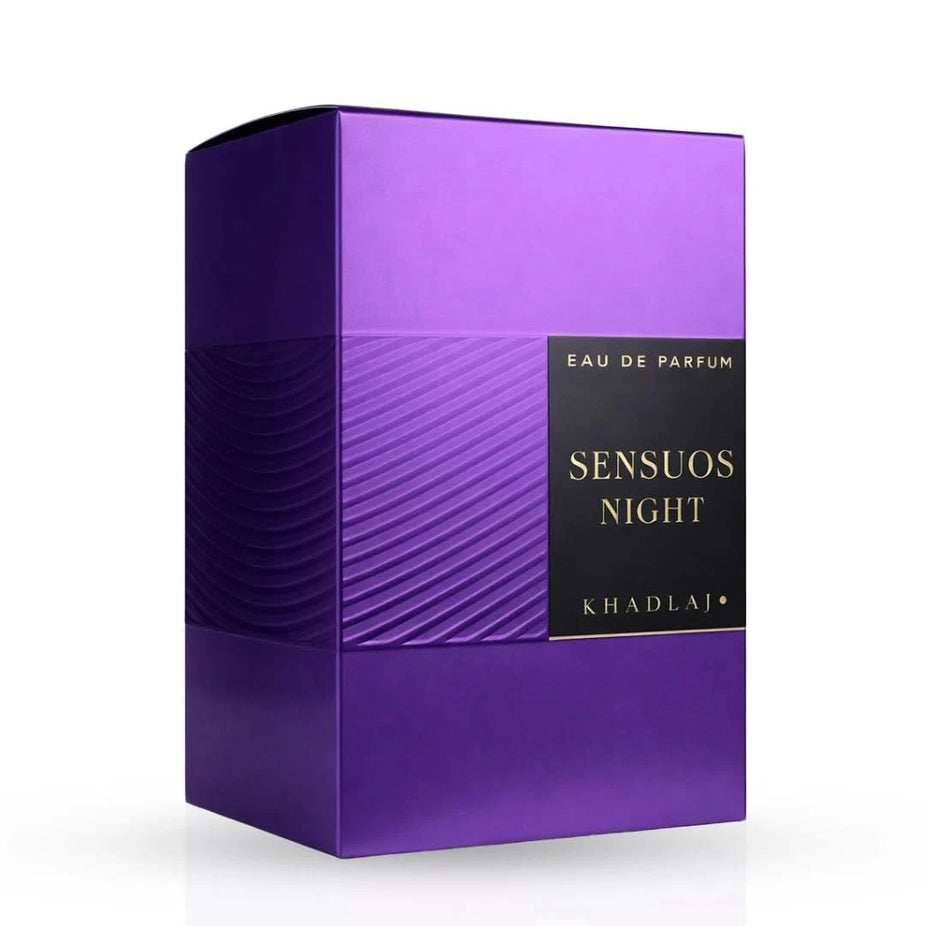 Sensuos Night Eau de Parfum Spray by Khadlaj, 100ml, featuring elegant glass bottle and dark, luxurious fragrance details.