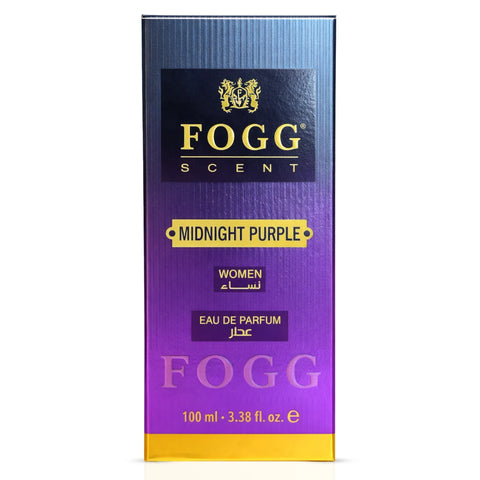 Midnight Purple women’s Eau de Parfum spray by Fogg in 100ml bottle, featuring a deep purple fragrance design.