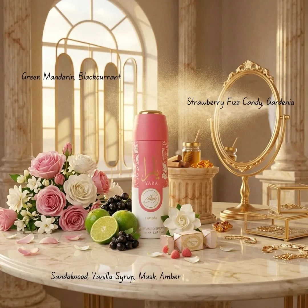Lattafa Yara Candy deodorant spray 200ml bottle with pink and gold packaging, showcasing the product on a clean background.
