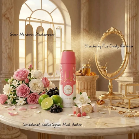 Lattafa Yara Candy deodorant spray 200ml bottle with pink and gold packaging, showcasing the product on a clean background.