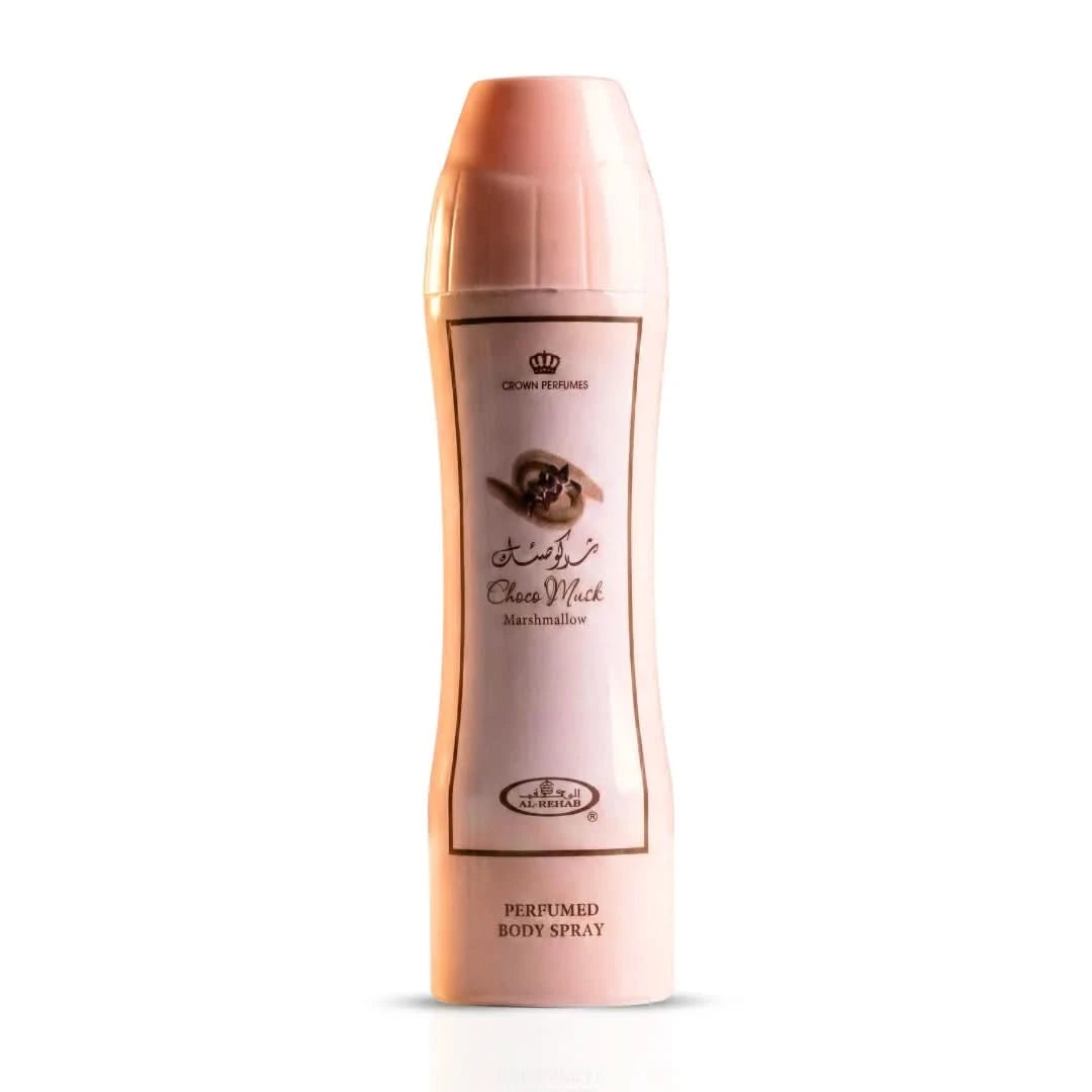 Al Rehab Choco Musk Marshmallow perfume body spray 200ml, featuring a sleek bottle and luxurious scent for everyday use.