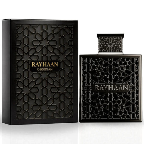 Rayhaan Obsidian Eau de Parfum spray 100ml, sleek black bottle with elegant label, designed for men and women.