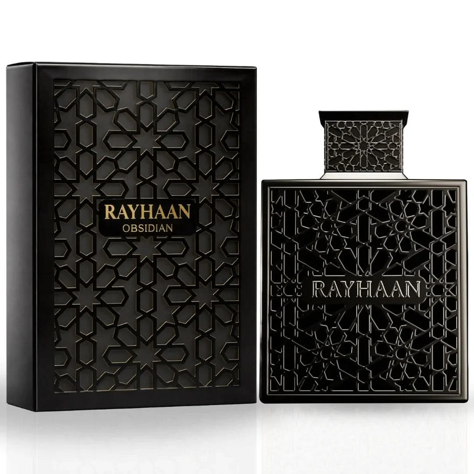 Rayhaan Obsidian Eau de Parfum spray 100ml, a sleek black bottle with elegant design and silver accents, showcasing the Rayhaan brand.