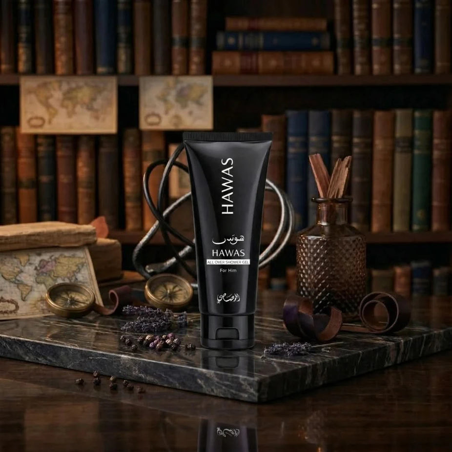 Rasasi Hawas men’s 3-piece perfume gift set with bottles and packaging, featuring elegant design and branding.