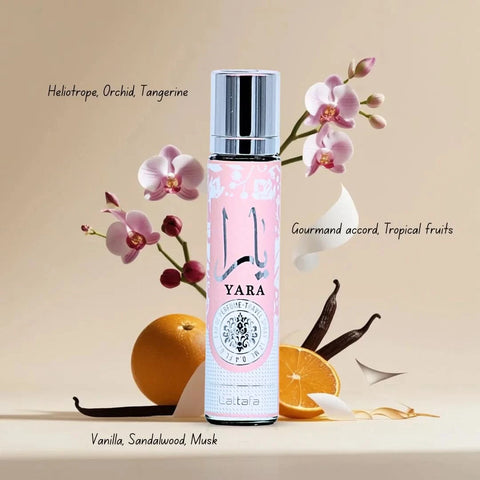 Pink Blush & Yara roll-on perfume oils by Ard Al Zaafaran and Choco Musk Marshmallow perfume oil by Al Rehab in a bundle, with colorful packaging.