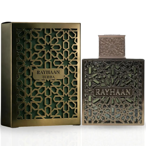 Rayhaan Obsidian and Rayhaan Terra Eau de Parfum Spray bundle, 100ml, featuring two elegant fragrance bottles by Rayhaan.