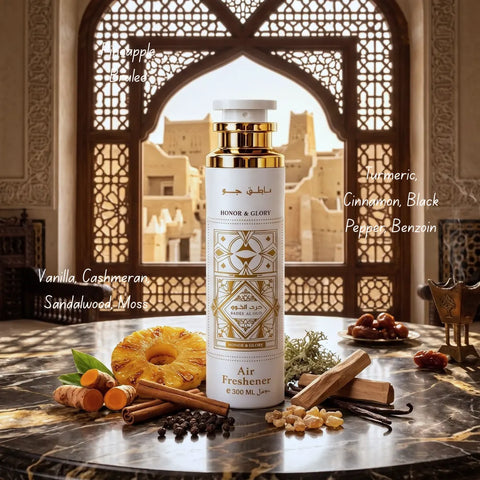 Lattafa Bade’e Al Oud Honor & Glory air freshener 300ml bottle with elegant packaging and fragrance details.