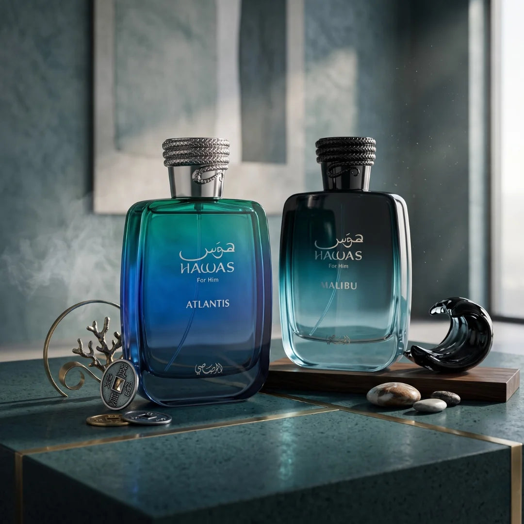 Rasasi Hawas Atlantis and Malibu Eau de Parfum Spray bundle, 100ml each, featuring sleek bottles and vibrant fragrance designs.