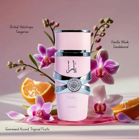 Bundle of Yara Eau De Parfum spray by Lattafa and Pink Blush roll-on perfume oil by Ard Al Zaafaran, featuring elegant fragrance bottles.