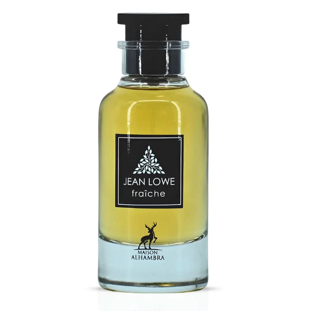 Maison Alhambra Jean Lowe Fraiche Eau de Parfum spray in 100ml with a velvet pouch, showcasing the elegant perfume bottle.