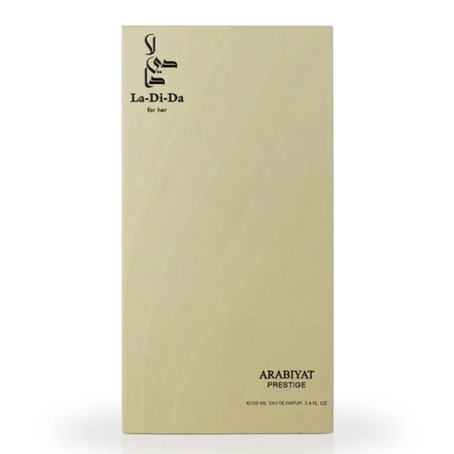 Arabiyat Prestige La-Di-Da Eau de Parfum spray 100ml, elegant bottle with floral and woody notes, for women.