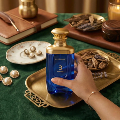 Bharara Elegance Eau de Parfum spray 100ml, elegant glass bottle with a sleek design, showcasing the BHARARA fragrance.