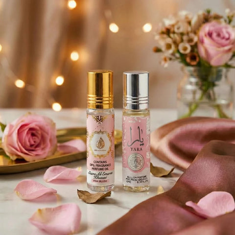 Pink Blush Shams Al Emarat Khususi & Yara perfume oil bundle by Ard Al Zaafaran, 10ml concentrated perfume oils in clear bottles.