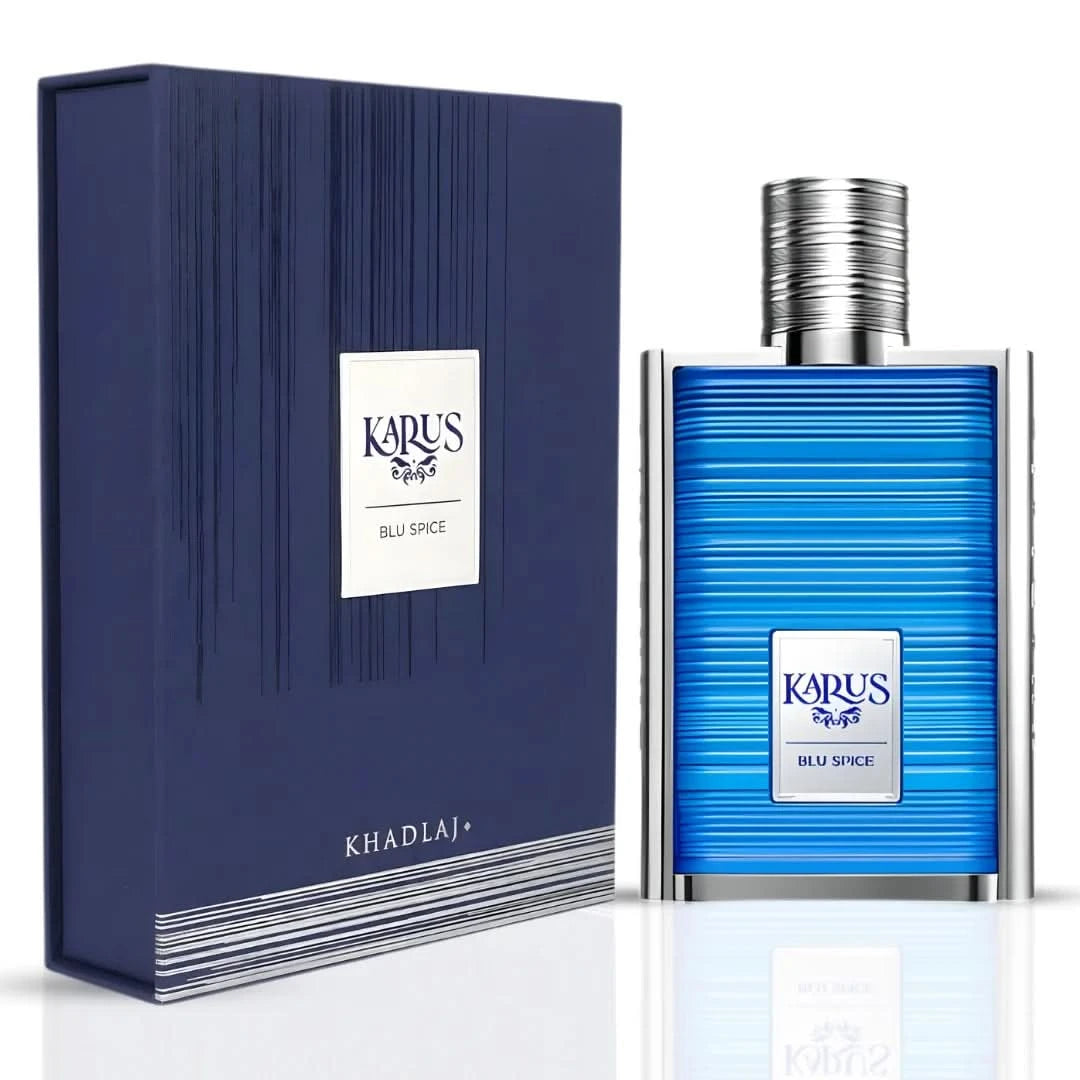 Khadlaj Karus Blu Spice and Oud Fire Eau de Parfum bundle, 100ml, featuring stylish perfume bottles with intricate designs.