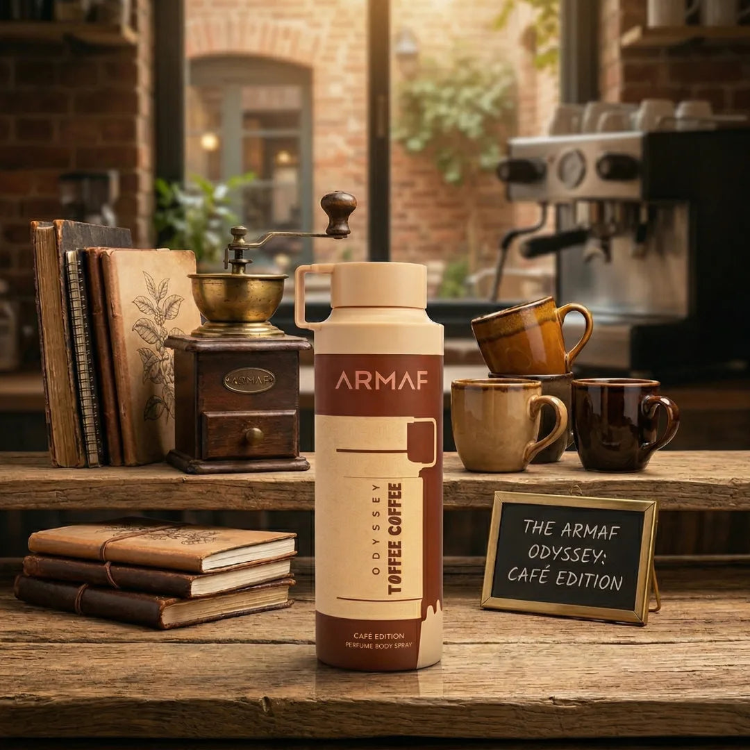 Odyssey Toffee Coffee scented body spray by Armaf in a 200ml deodorant bottle, featuring a sleek design and aromatic fragrance.