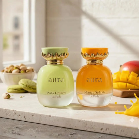Khadlaj La Fede Aura Pista and Mango Splash Eau de Parfum Spray bundle, 100ml, featuring stylish perfume bottles with vibrant designs.