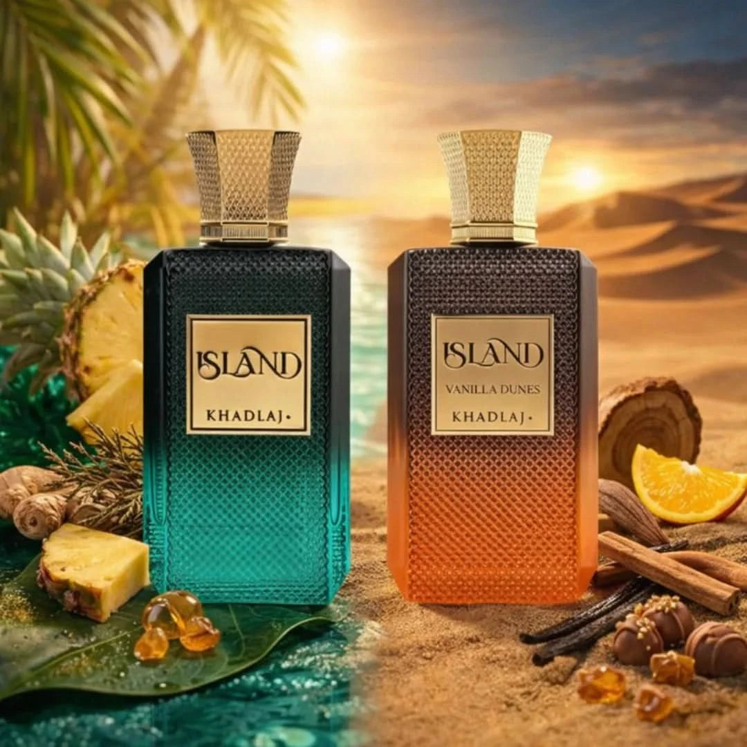 Khadlaj Island & Island Vanilla Dunes Eau de Parfum bundle with two 100ml spray bottles featuring tropical and vanilla scent themes