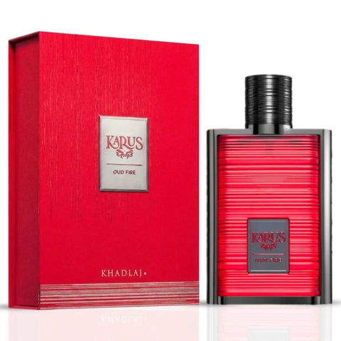 Khadlaj Karus Blu Spice and Oud Fire Eau de Parfum bundle, 100ml, featuring aromatic spice and oud fragrance in stylish spray bottles.