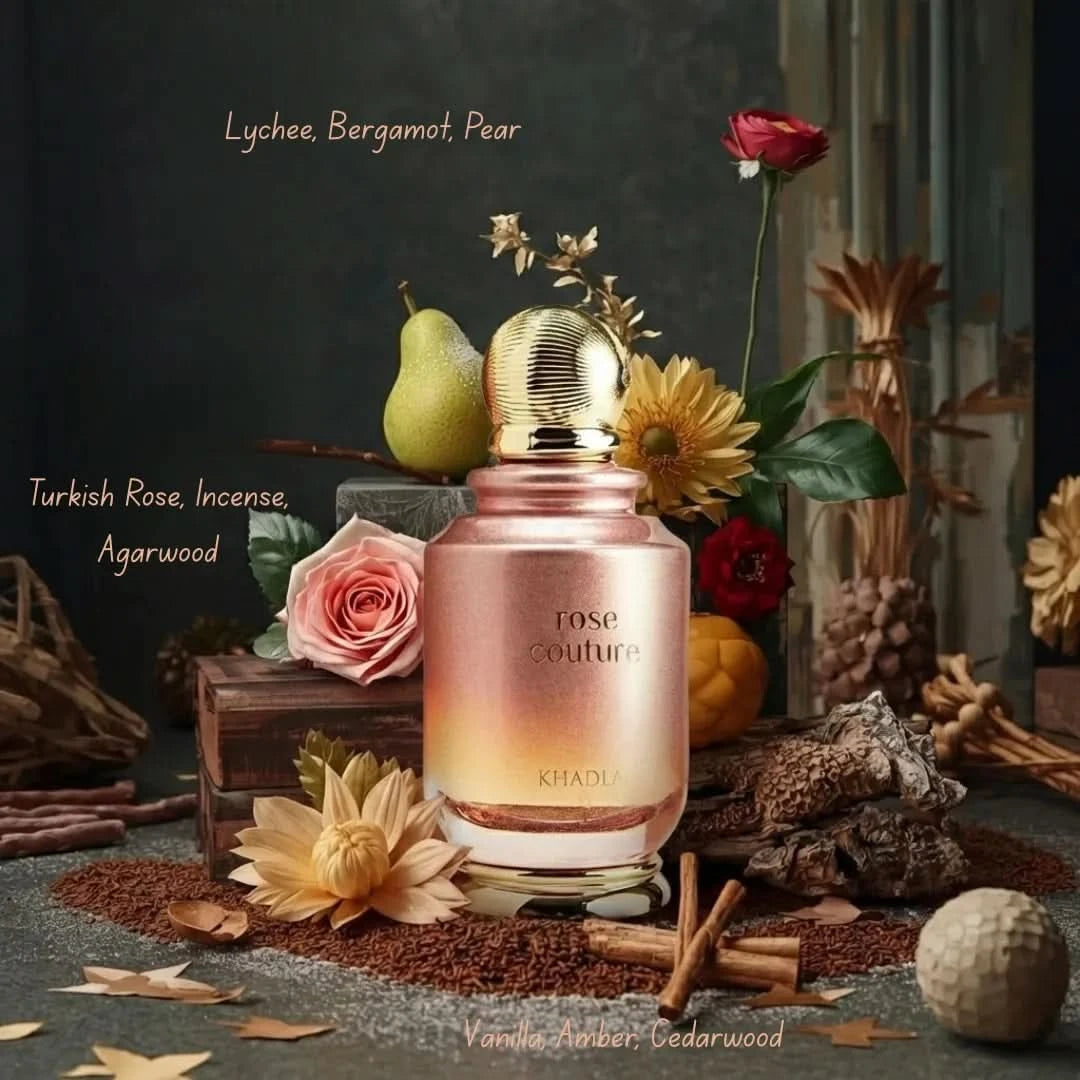 Khadlaj Musk Couture and Rose Couture Eau de Parfum Spray bundle, 100ml, featuring floral and musky scent bottles.