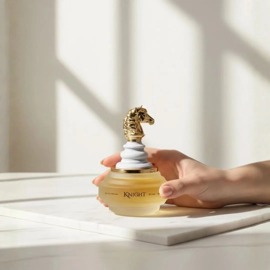 Checkmate White Knight Eau De Parfum spray by Armaf, 100ml, featuring a sleek white bottle with elegant design.